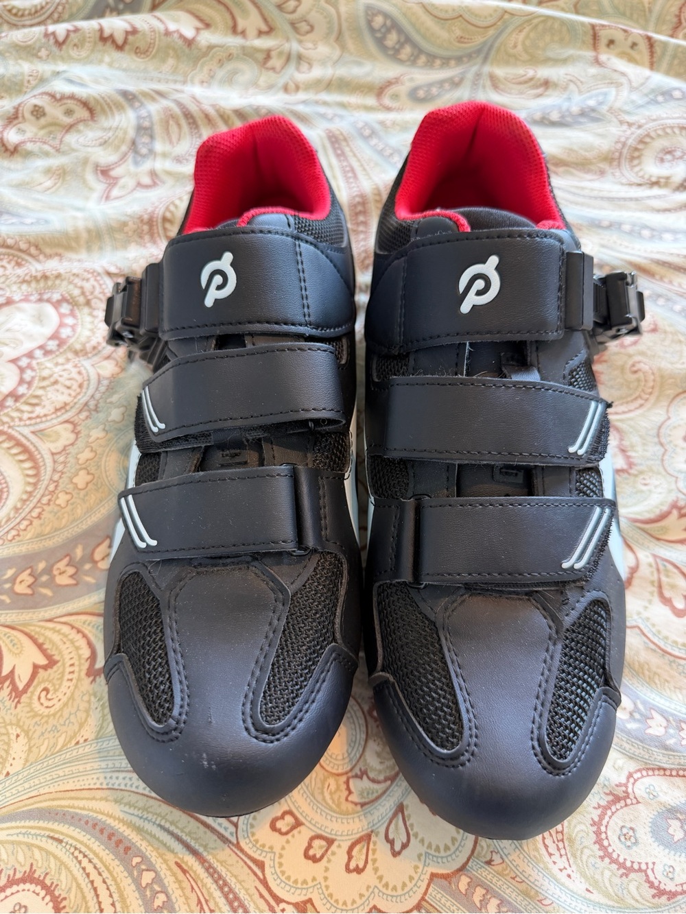 Peloton Black Cycling Shoes with Red Lining and Triple Straps